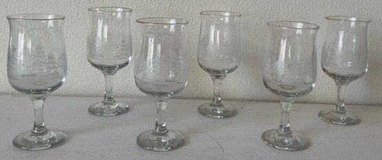 Set Of 6 Libbey Arbys Winter Scene Gold Rimmed Wine Glasses