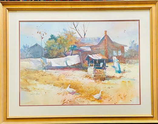 Framed Rural Landscape Watercolor Painting By J. Lone