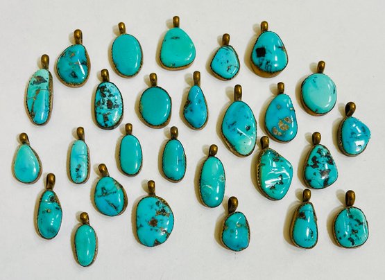 Large Lot Of Turquoise Pendants Mounted On Brass