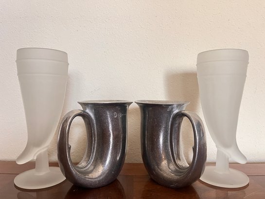 Two (2) Frosted Glass And Two (2) Pewter  Drinking Horn Style Cups