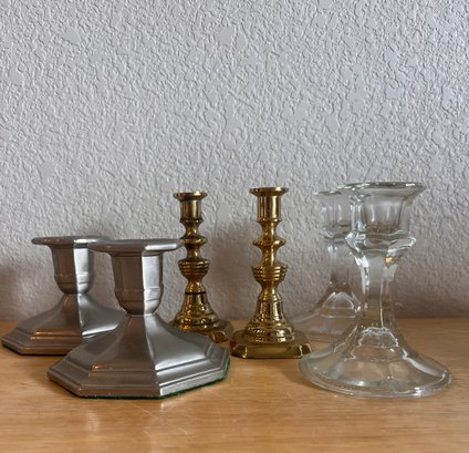 Three (3) Various Candle Stick Sets - One Brass, One Glass, One Metal