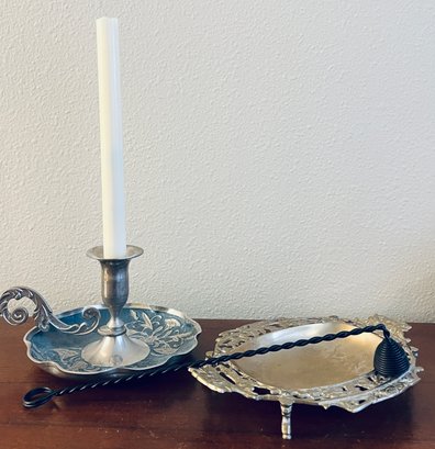 Vintage Silverplate Candle Holder, Brass Dish And Candle Snuffer