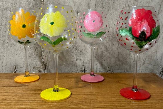 Set Of 4 Hand Painted Wine Glasses