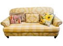 Vintage Yellow And White Plaid And Floral Country Style Couch With Throw Pillows