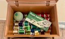 Plastic Wood Tone Sewing Kit Box With Tons Of Sewing Accessories