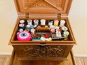 Plastic Wood Tone Sewing Kit Box With Tons Of Sewing Accessories