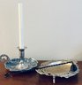 Vintage Silverplate Candle Holder, Brass Dish And Candle Snuffer