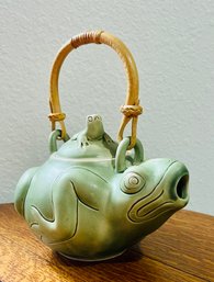 Vintage Green Frog Yixing Tea Pot With Wood Handle