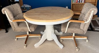 Round Dining Table, Top Is Oak, Base Is Painted White, 2 Captain Chairs On Casters