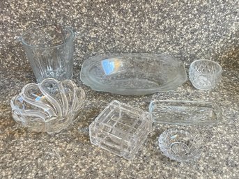 Collection Of Glassware Candy Dishes, Butter Tray Bowls And More