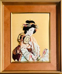 Japanese Geisha Oshie Or Raised Picture In Frame