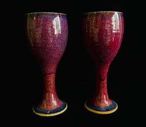 2 Red And Blue Stoneware Wine Goblets