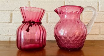 A Pilgrim Cranberry Sack Vase & Chalet Art Glass Cranberry Quilted Glass Pitcher