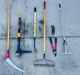 Assorted Lot Of Garden Tools Including A Rake