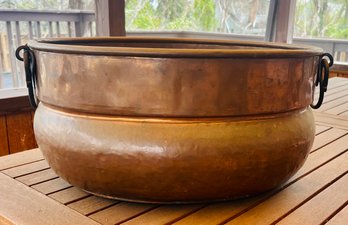 Antique Copper Cauldron With Wrought Iron Handles