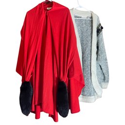 Vintage Kathleen Red Cloak Cape With Black Fauz Fur Wraps And Belldini Thick Cardigan Sweater