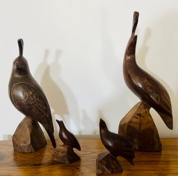 Collection Of Vintage Hand Carved Iron Wood Quail Figurines
