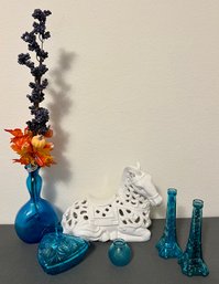 5 Pieces Blue Glass, Including Lidded Candy Dish, Ceramic Horse