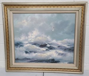 Stormy Ocean Oil On Canvas Painting. Framed