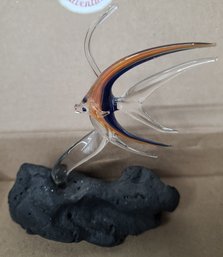Art Glass Fish On Lave Rock Sculpture