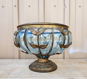 Vintage Caged Blown Art Glass Pedestal Bowl With Metal Frame