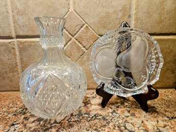 Cut Glass Decanter And Small Pear Saucer