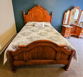 Beautiful Solid Oak Queen Size Bed With Foot Board, Mattress Comforter And Box Springs