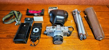 Assortment Of Vintage Camera Accessories Inc. Tripod, Flash, Vivitar And More