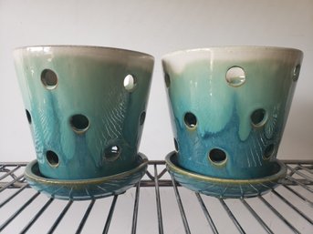 2 Blue Green Ceramic Planter Jars