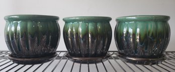 3 Iridescent Green Ceramic Planter Jars