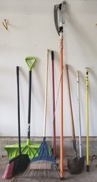 Lot Of Yard Tools Including Snow Shovel, Brooms, And More