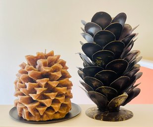 One Pinecone Candle And One Pinecone Metal Candle Holder