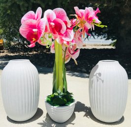 2 Ceramic White Vases And Faux Flowers