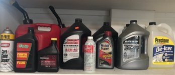 Lot Of Machinery Fluids Including Gas Cans, Oil, Antifreeze, And More