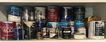 Large Lot Of Paint Including Primer, Stains, Thinner, And More