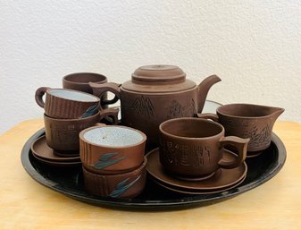 Clay Chinese Teapot With Cups And Saucers