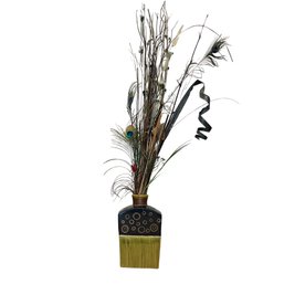 Green And Brown Wood Twine Vase With Peacock Feather Decor