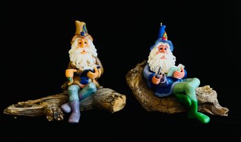 2 Wax Candles Wizards Figures Sitting On Drift Wood