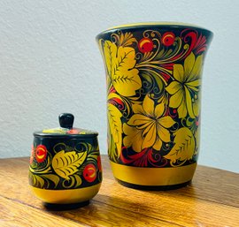 Russian Hand Painted Vase & Lidded Jar
