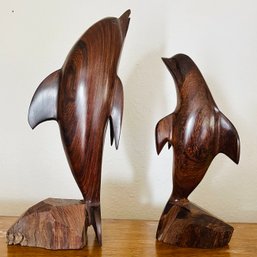 Pair Of Porpoise And Dolphin Carved Ironwood Figures