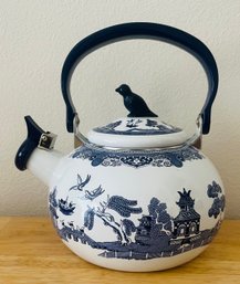 Vintage Johnson Borthers Blue Willow Enamel Whistling Tea Kettle