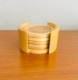 Set Of Wood And Cork Coasters In Holder