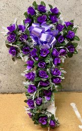 Purple Floral Memorial Cross W/ Stand