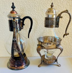 Pair Of Vintage Corning WaterWine Decanters With Silver Plate