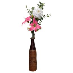 Brown Ceramic Vase With Pink Flower Decor