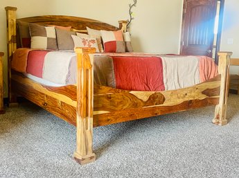 Natural Wood Cabin King Bed With King Memory Foam Mattress And Decorative Pillows