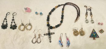 Variety Of Costume Jewelry Including Beaded Cross Necklace And Earrings