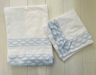 Antique Hand Embroidered Twin Bed Sheet And Euro Sham