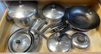 Variety Of Pots And Pans Including Stir Fry Pan