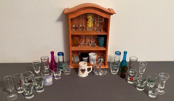 Collection Of Shot Glasses With Wooden Shot Shelf